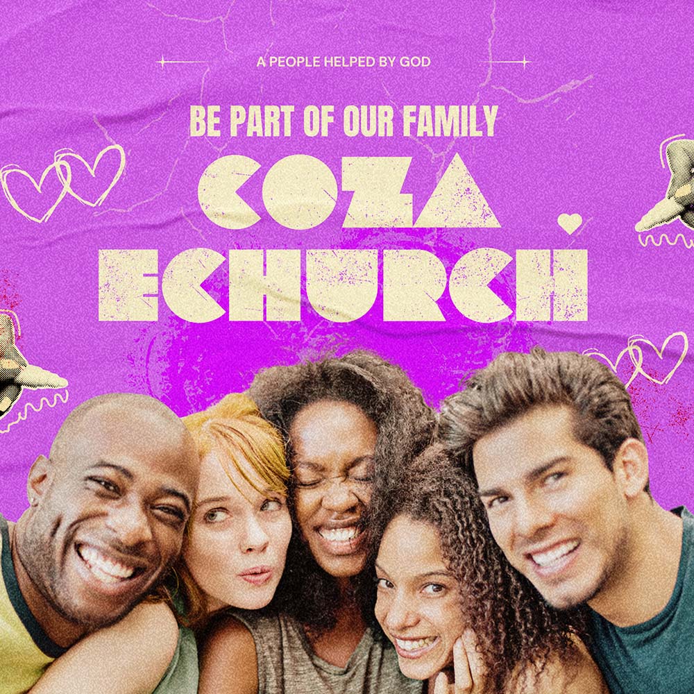 A poster with happy people who are excited about joining the COZA eChurch